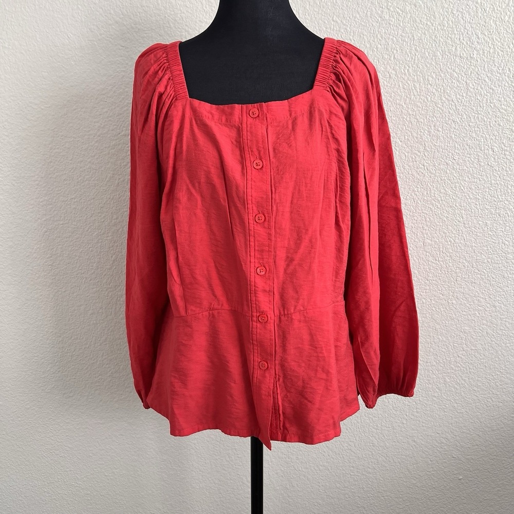 Ann Taylor Red Pesant Blouse Top LP Large Petite Square Neck Puff Sleeve